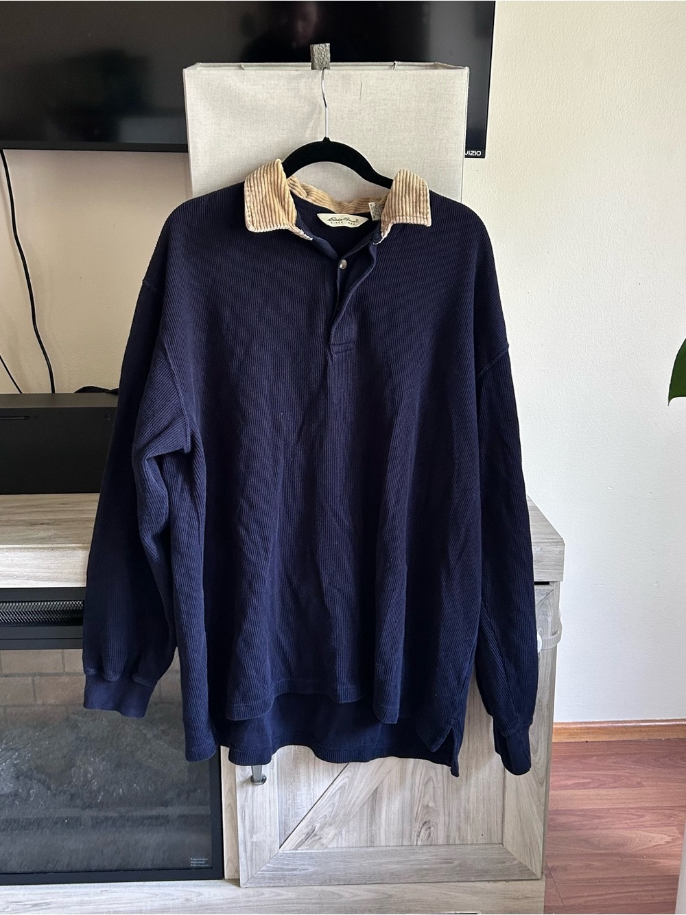 Vintage Eddie Bauer Navy Shirt with Beige Corduroy Collar